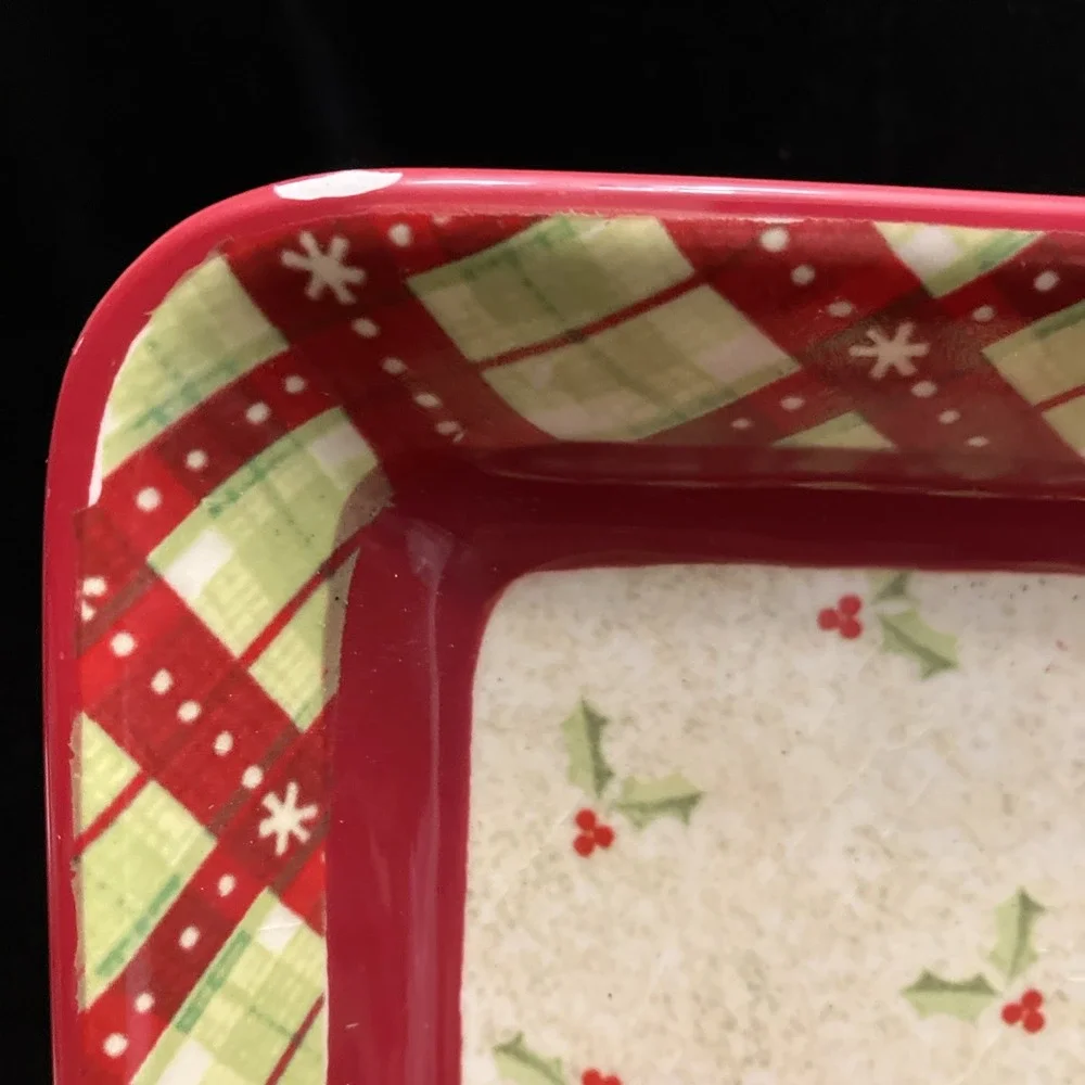 Debbie Mumm JoAnn 2008 Holly Berries Square Porcelain Serving Platter Plaid Chip